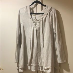 Light grey lace up hooded sweater